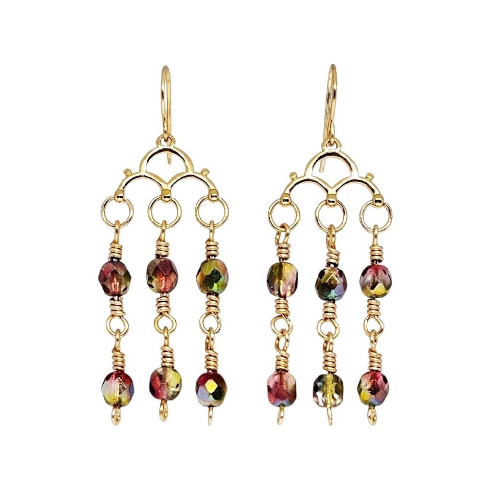 Handmade Czech Autumn Sunset Glass Beaded 24K Gold Chandelier Boho Earrings
